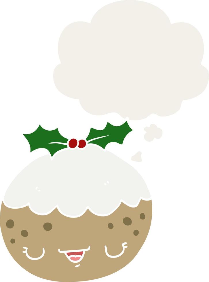 cute cartoon christmas pudding and thought bubble in retro style vector