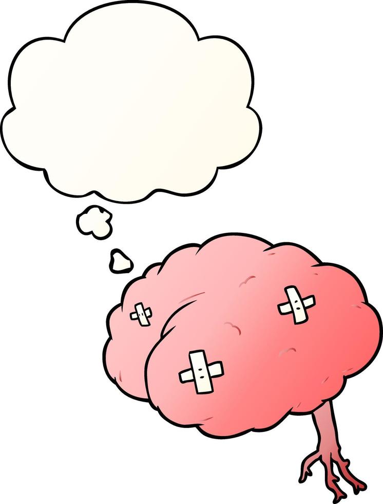 cartoon injured brain and thought bubble in smooth gradient style vector