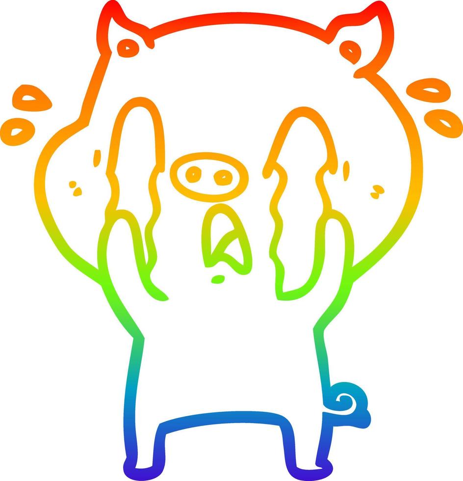 rainbow gradient line drawing crying pig cartoon vector
