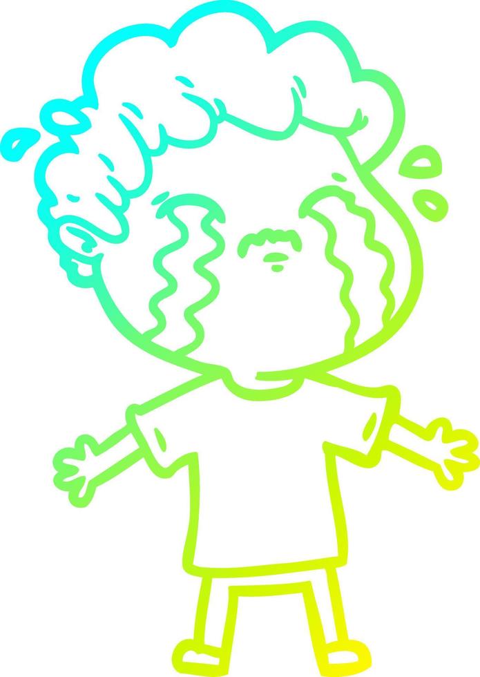 cold gradient line drawing cartoon man crying vector