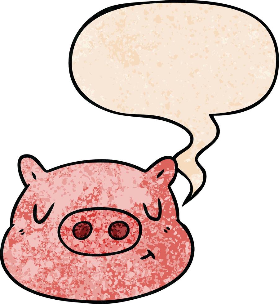 cartoon pig face and speech bubble in retro texture style vector