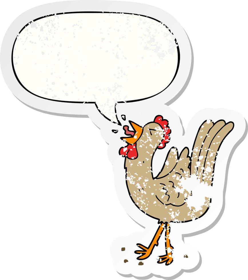 cartoon crowing cockerel and speech bubble distressed sticker vector