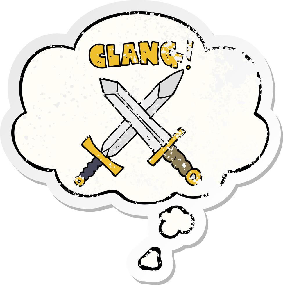 cartoon sword fight and thought bubble as a distressed worn sticker vector
