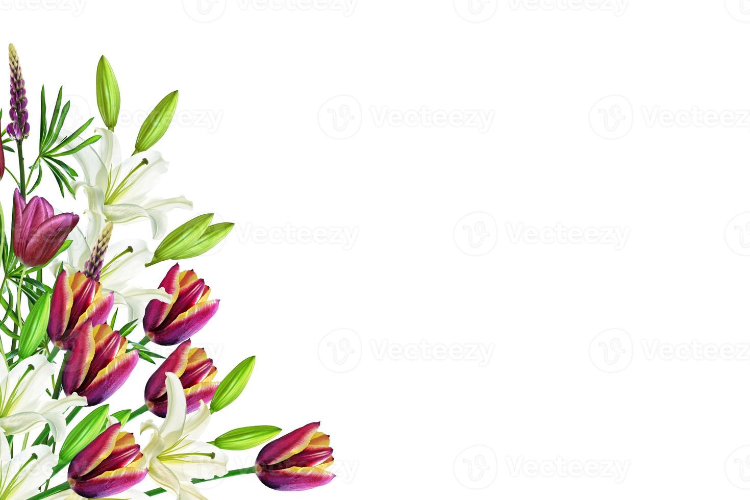 Bright spring flowers of tulips and lilies. photo