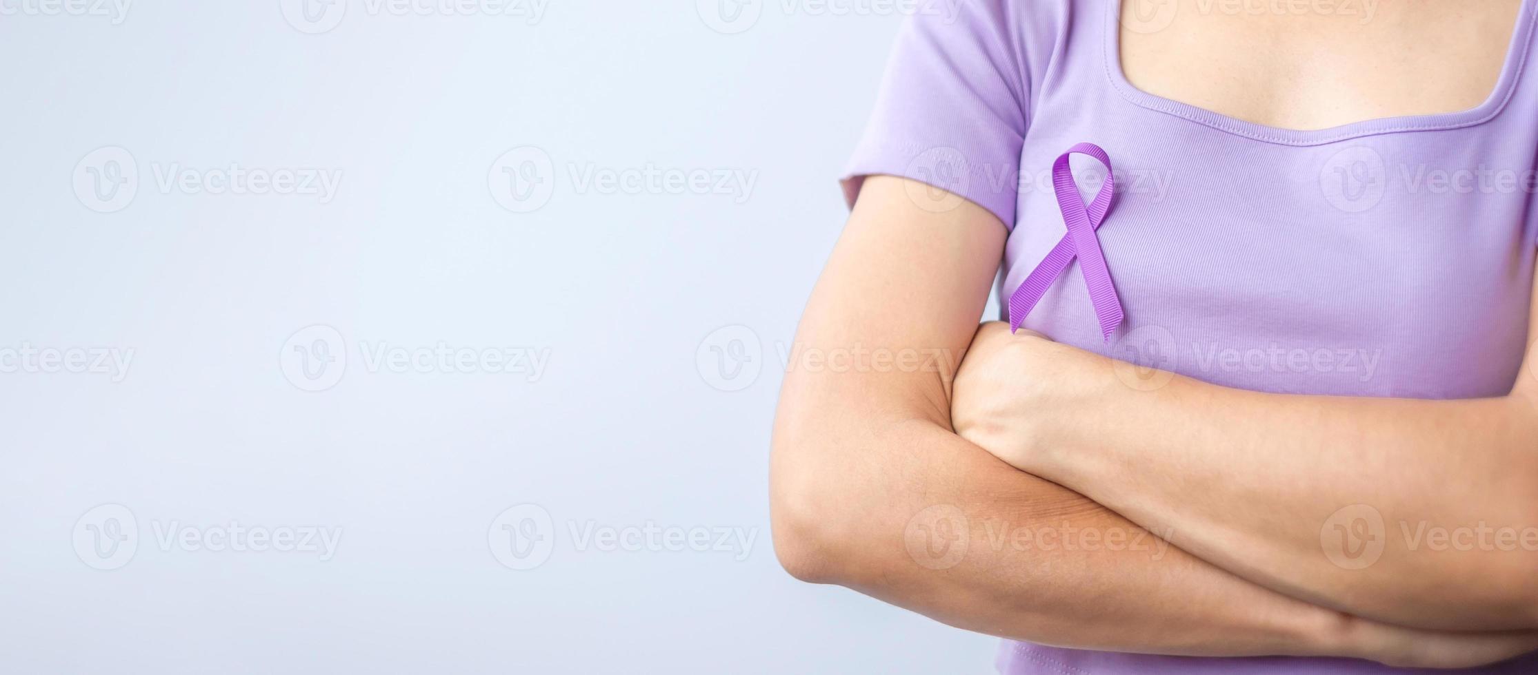 purple Ribbon for Violence, Pancreatic, Esophageal, Testicular cancer, Alzheimer, epilepsy, lupus, Sarcoidosis and Fibromyalgia. Awareness month and World cancer day concept photo