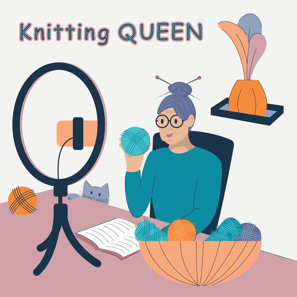 Granny Shoots video about knitting for her blog vector