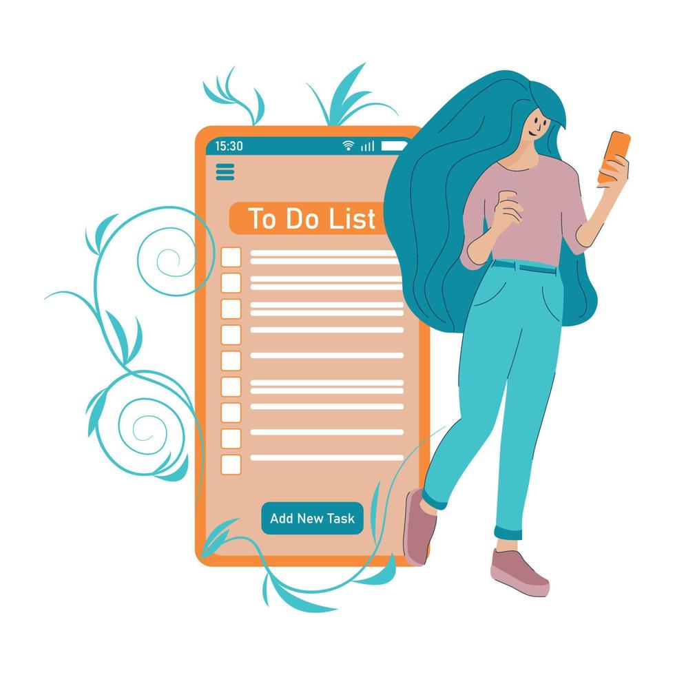 Young woman makes a To Do List in the App on the Phone vector