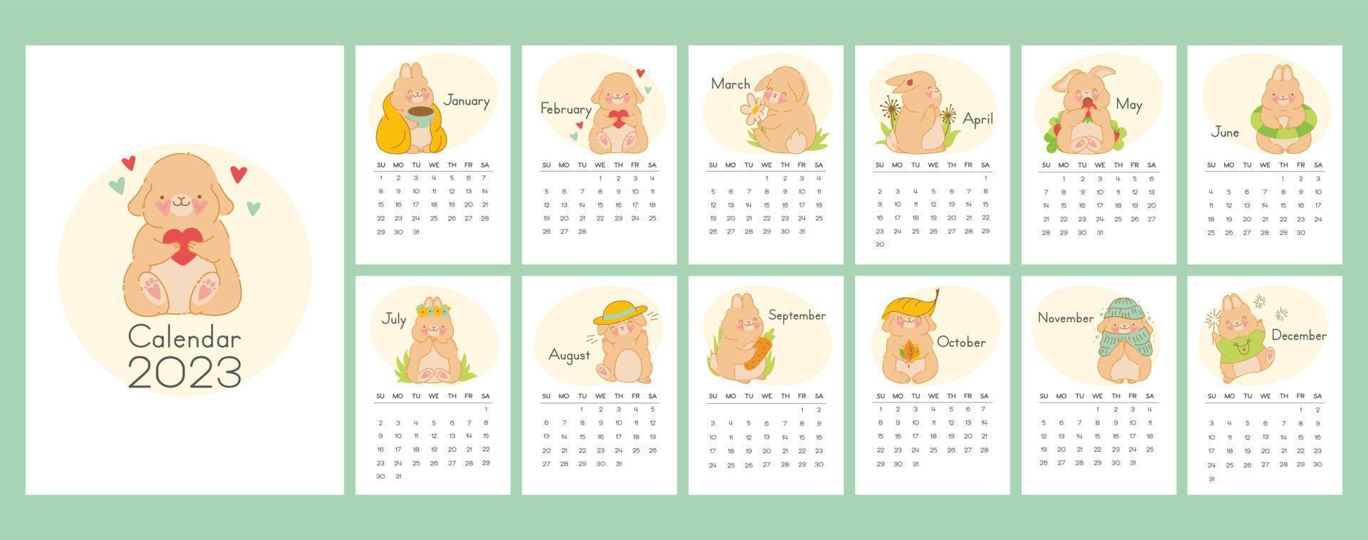 calendario vertical vectorial 2023 con símbolo del año conejo. lindo y divertido personaje kawaii conejito bebé. la semana comienza en domingo. plantilla con portada en tamaño a4 a3 a2 a5. vector