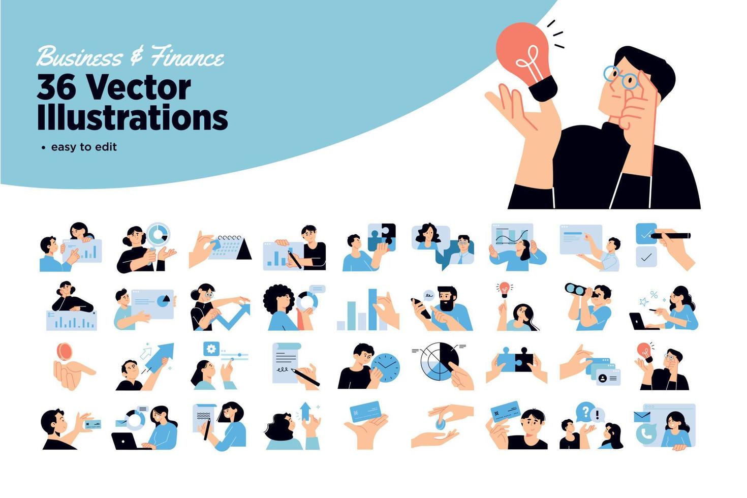 conjunto de ilustraciones de personas de negocios y finanzas. ilustraciones vectoriales de diseño plano de negocios, gestión, pago, investigación de mercado y análisis de datos, comunicación. vector