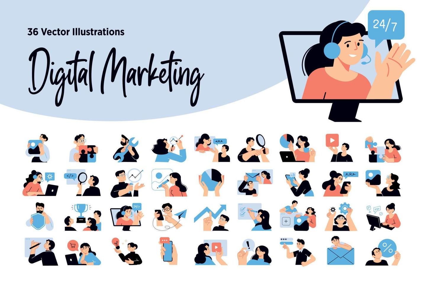 conjunto de ilustraciones de personas de marketing digital. conceptos vectoriales de diseño plano de marketing en Internet, diseño y desarrollo web y de aplicaciones, seo, redes sociales. vector