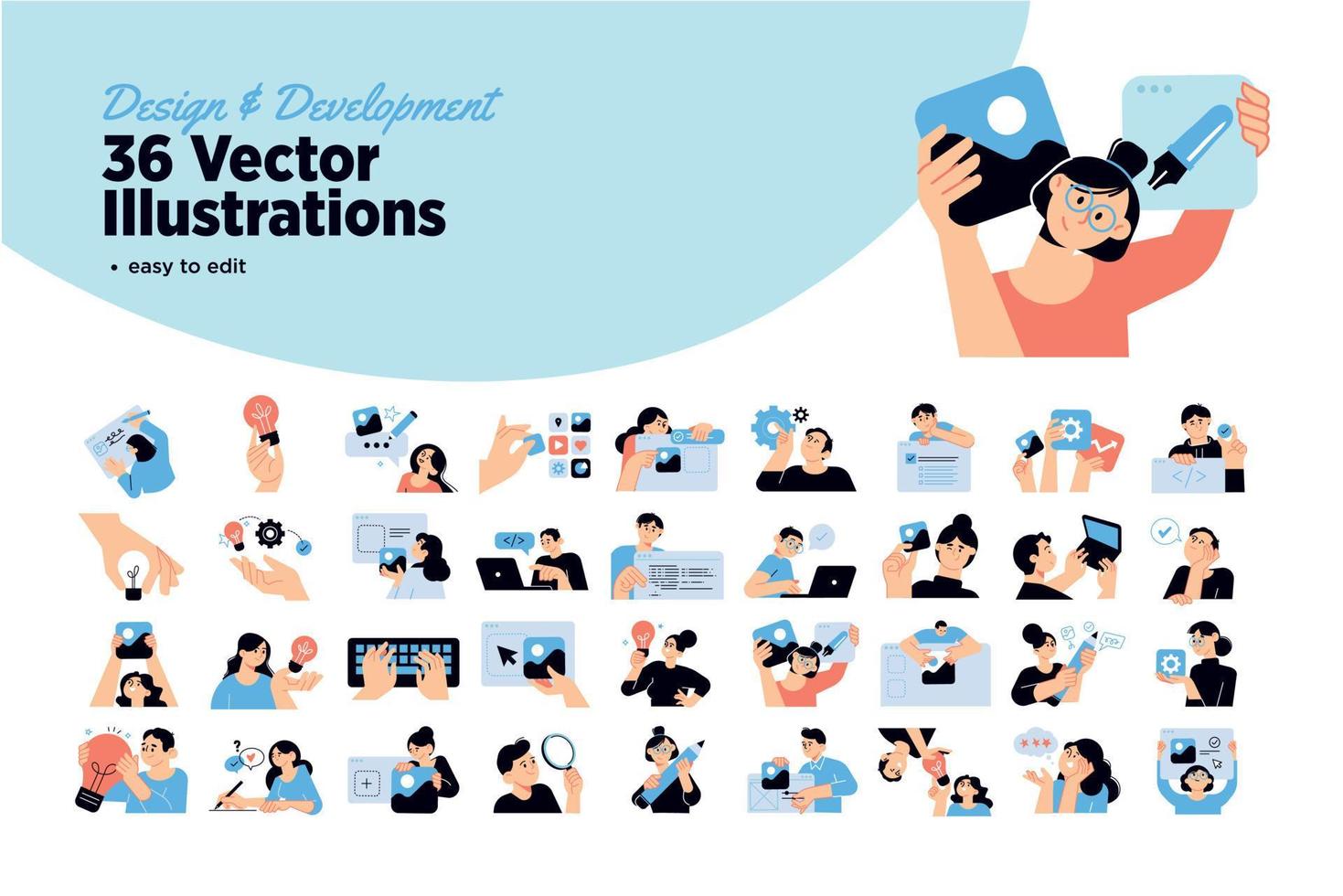 Set of design and development people illustrations. Flat design vector illustrations of graphic and web design and development, social media, creative process, app development.