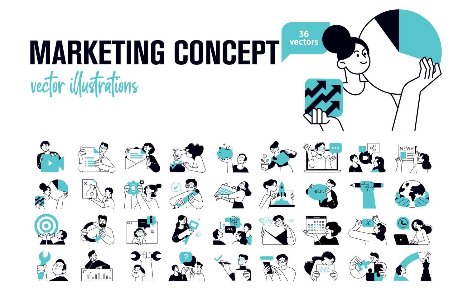 ilustraciones de concepto de marketing. conjunto de ilustraciones vectoriales de personas en diversas actividades de marketing empresarial, estrategia, planificación, publicidad digital, medios sociales y comunicación. vector