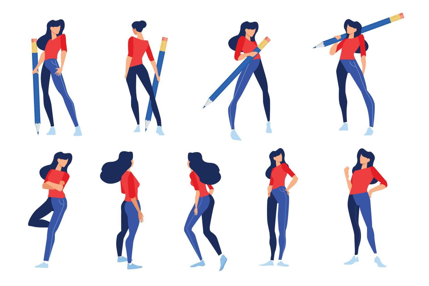 ilustraciones vectoriales de mujer en diferentes poses con lápiz. conceptos para diseño gráfico y web, material de marketing, plantillas de presentación comercial. vector