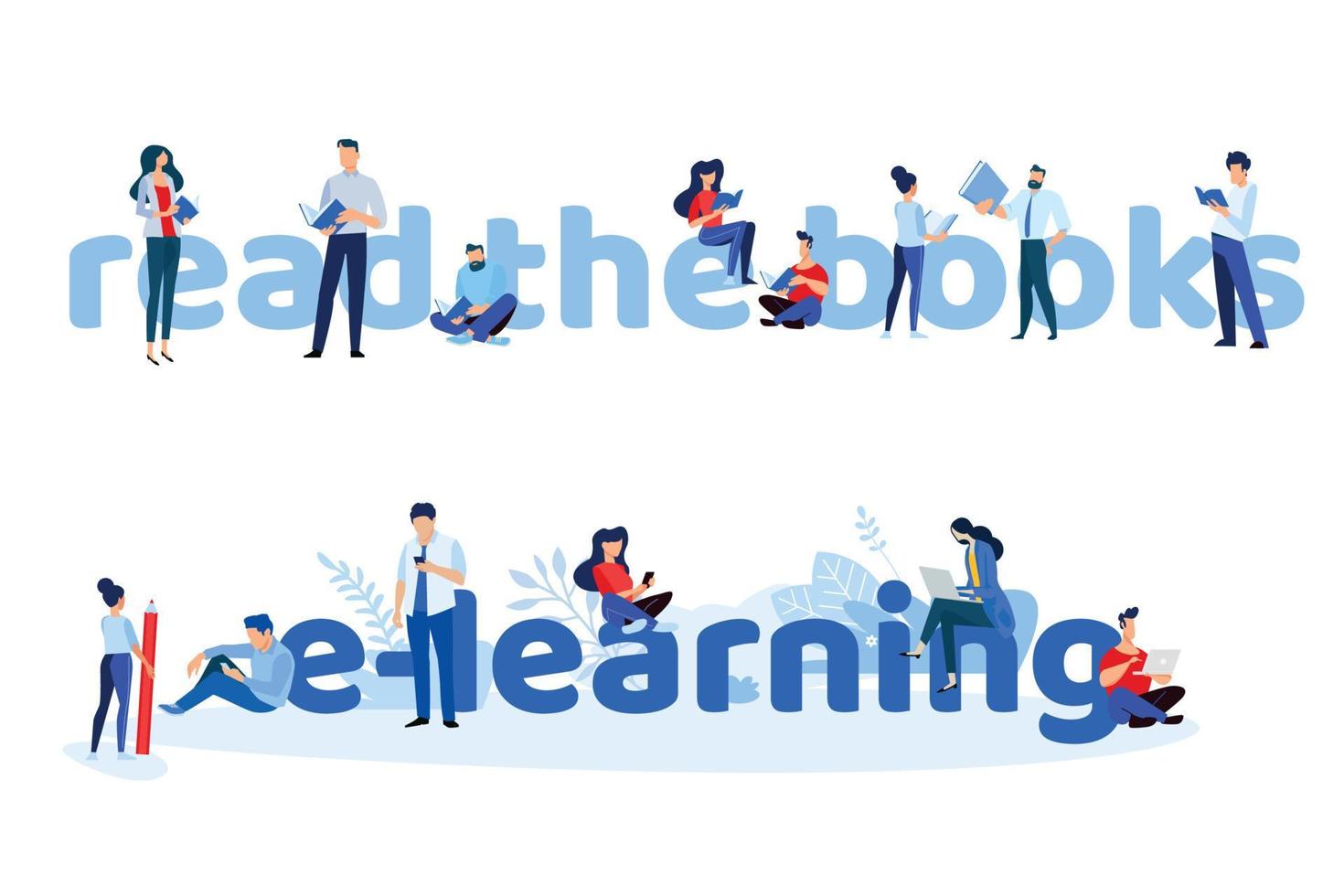 Read the books and e-learning. Vector illustration concepts for graphic and web design, marketing material, business presentation templates, online education, book store and library, e-book.