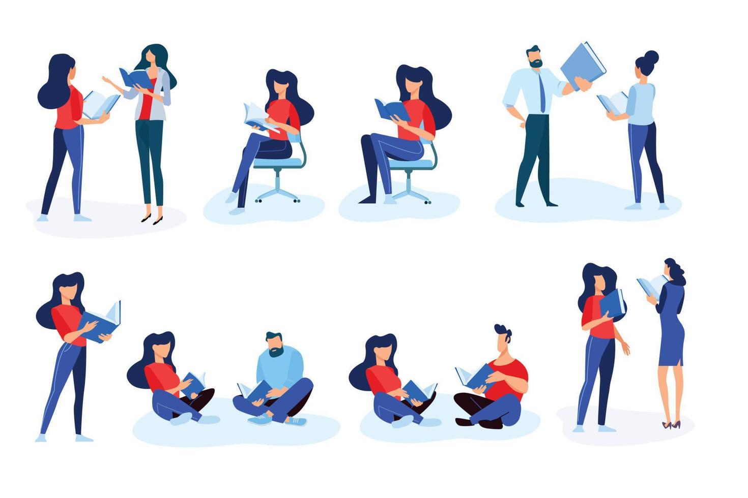 Vector illustrations of people in different poses read a book. Concepts for graphic and web design, marketing material, business presentation templates, education, book store and library, e-book.