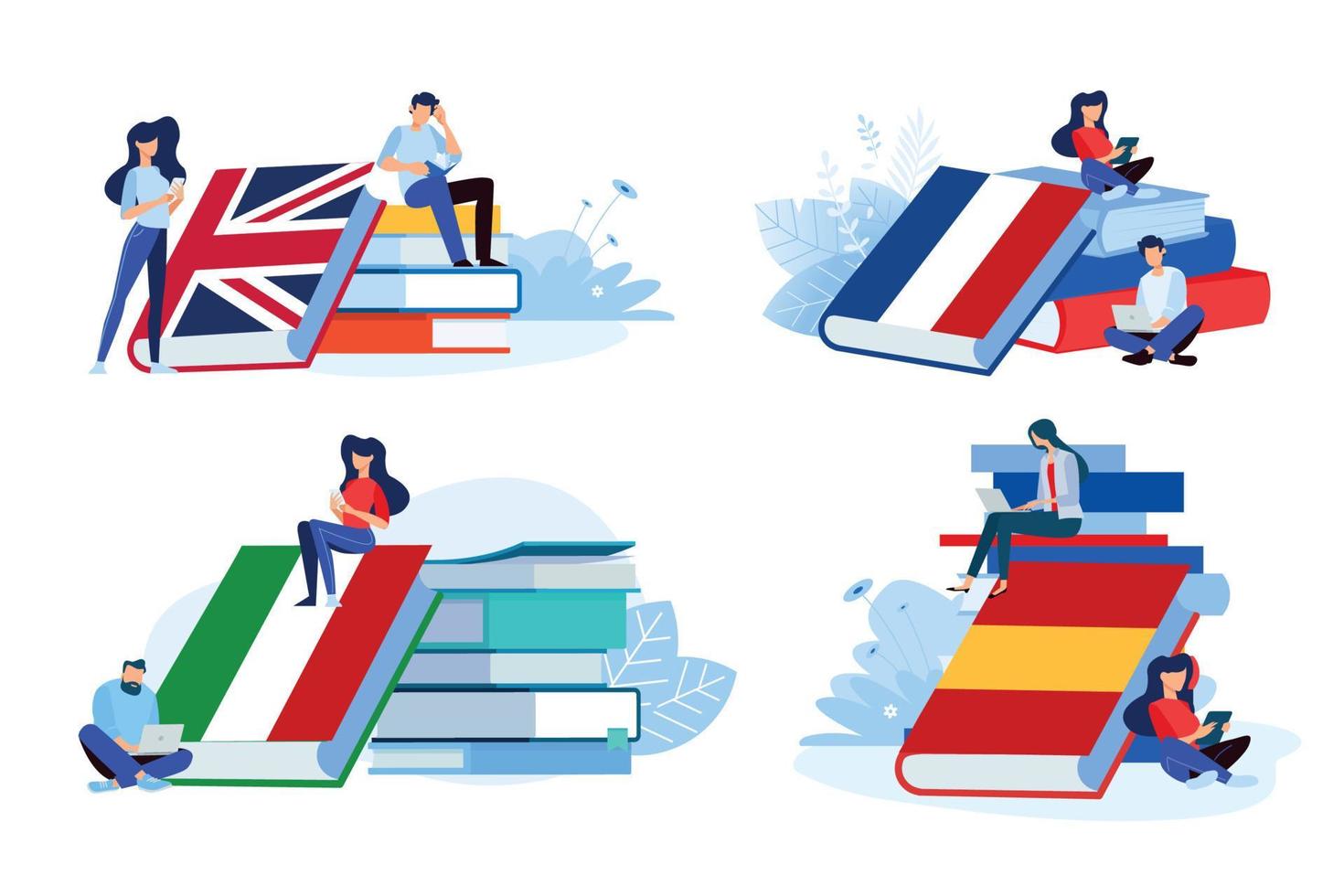 Online language school and courses. Vector illustrations of people in different poses with books for learning a foreign language. Concepts for graphic and web design, marketing material.