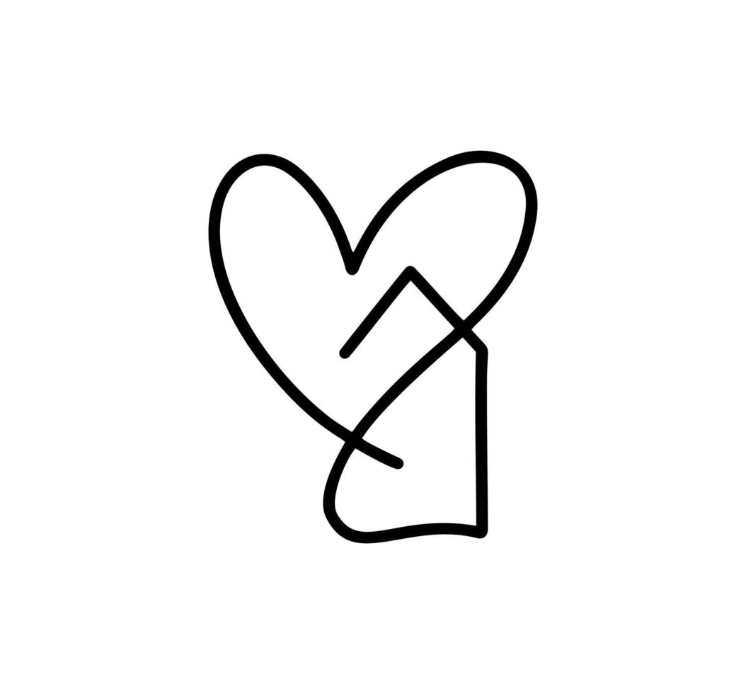 casa con corazón vector dibujado a mano monoline logo icono bienes raíces una línea de arte, forma dentro. amor hogar símbolo, ilustración aislado sobre fondo blanco