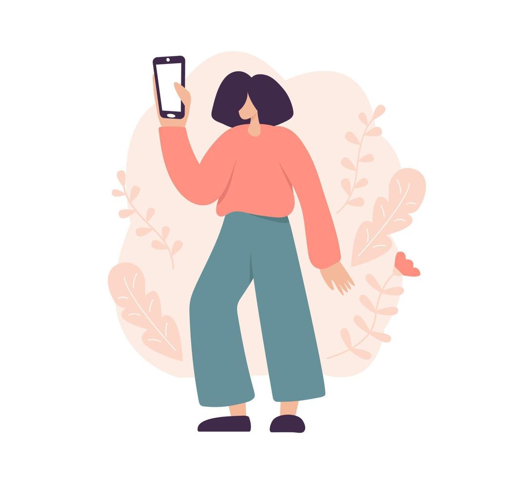 Young cute vector woman shows telephone copyspace. Concept of virtual communication of social networks. illustration in flat style