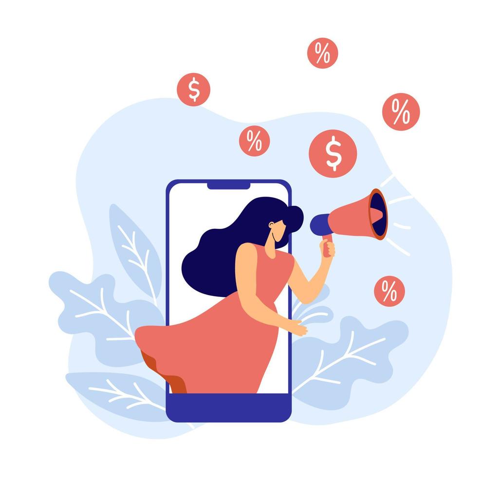 Vector woman from phone screen shouting into megaphone about discounts. Girl warning about seasonal sales flat illustration shopping. Online campaign concept for banner, website design or landing