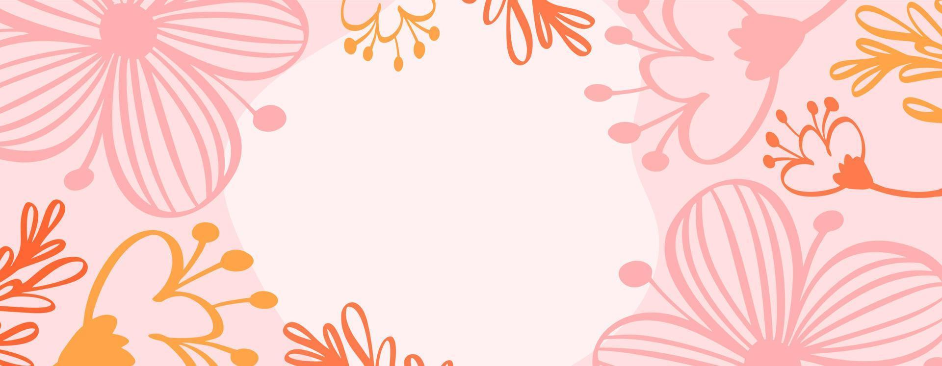 Pink banner summer floral composition with place for text in center. Botanical illustration of red flowers and leaves. Greeting card spring for printing, birthday, advertising, banner vector