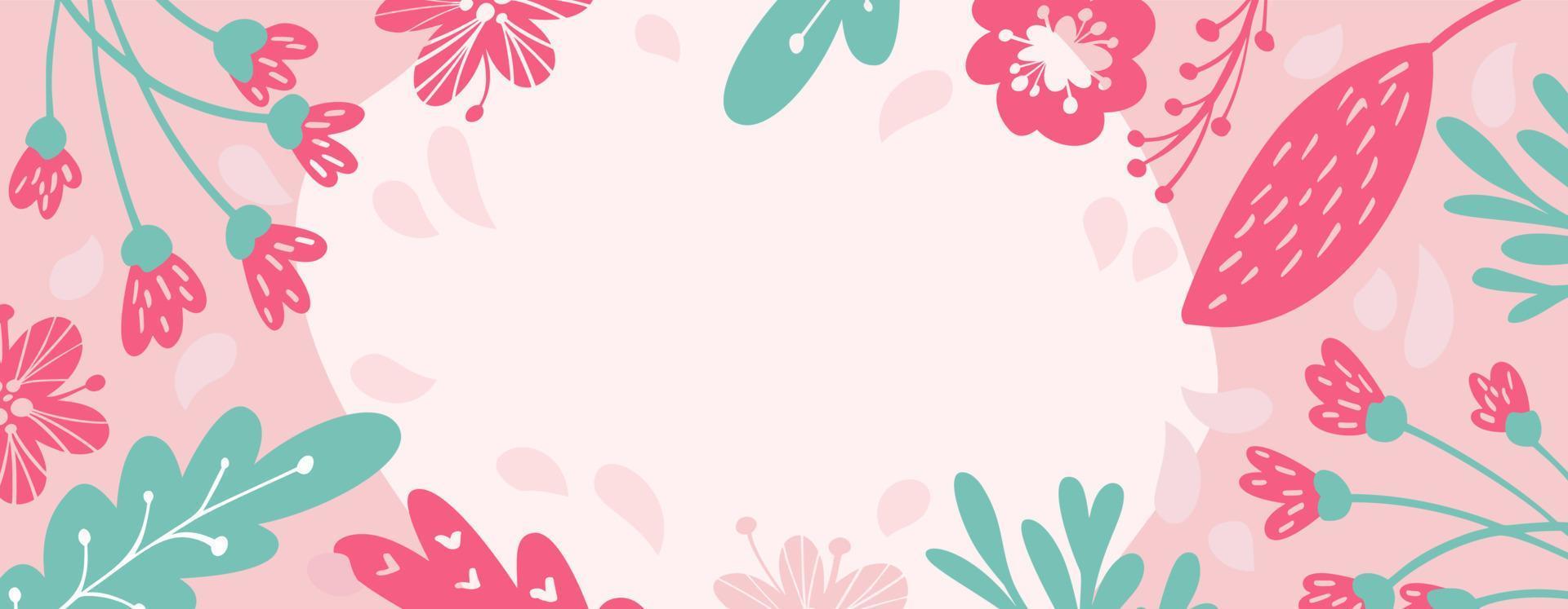 Pink banner summer floral composition with place for text in center. Botanical illustration of red flowers and leaves. Greeting card for printing, birthday, advertising, banner vector