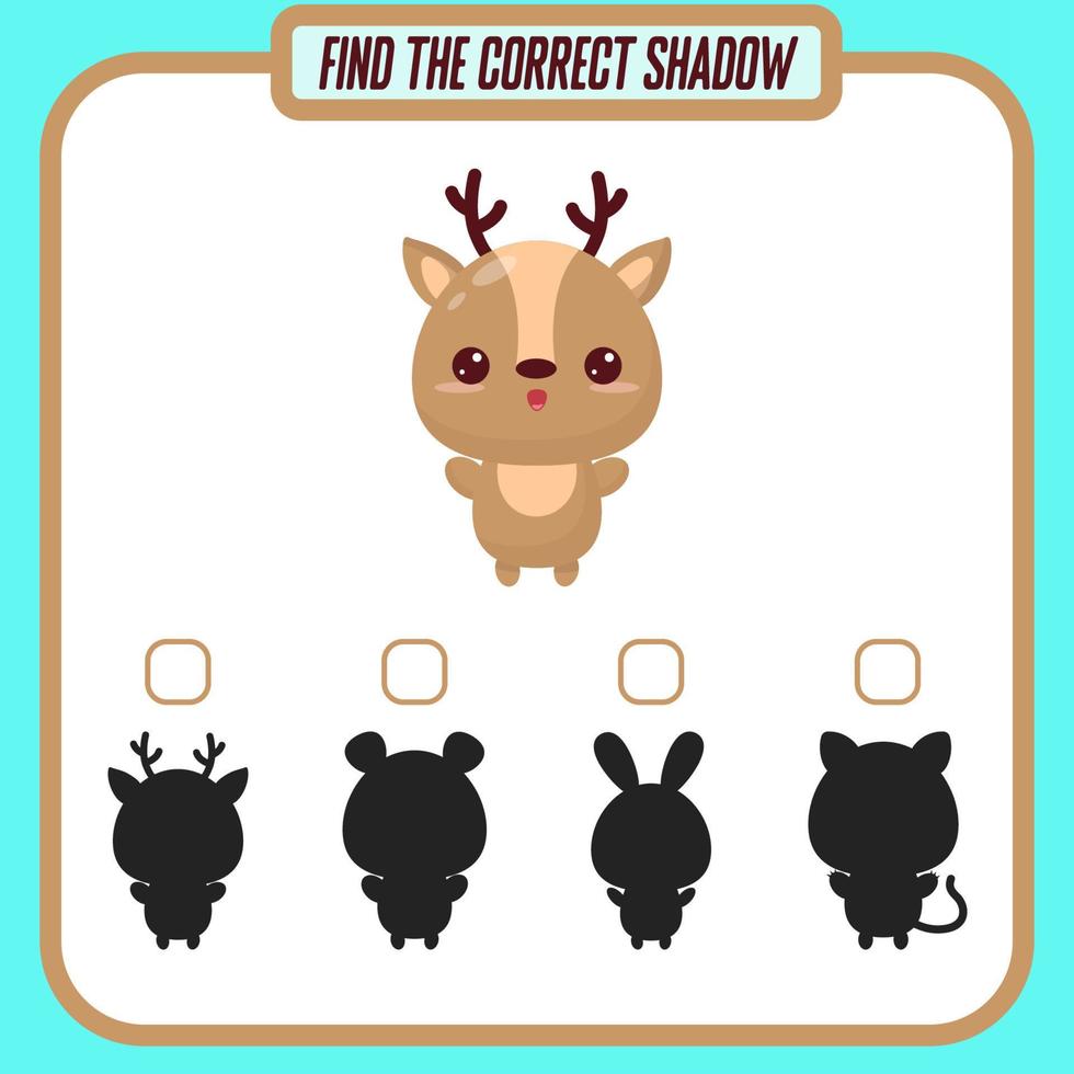 Find the right shadow. Cute cartoon deer. Educational game with animals. Logic games for children with an answer. A training card with a task for preschool and kindergarten children vector