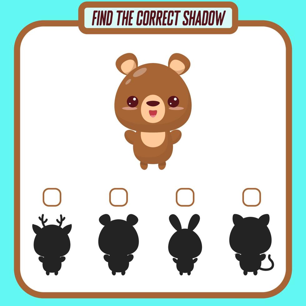 Find the right shadow. Cute cartoon bear. Educational game with animals. Logic games for children with an answer. A training card with a task for preschool and kindergarten children vector