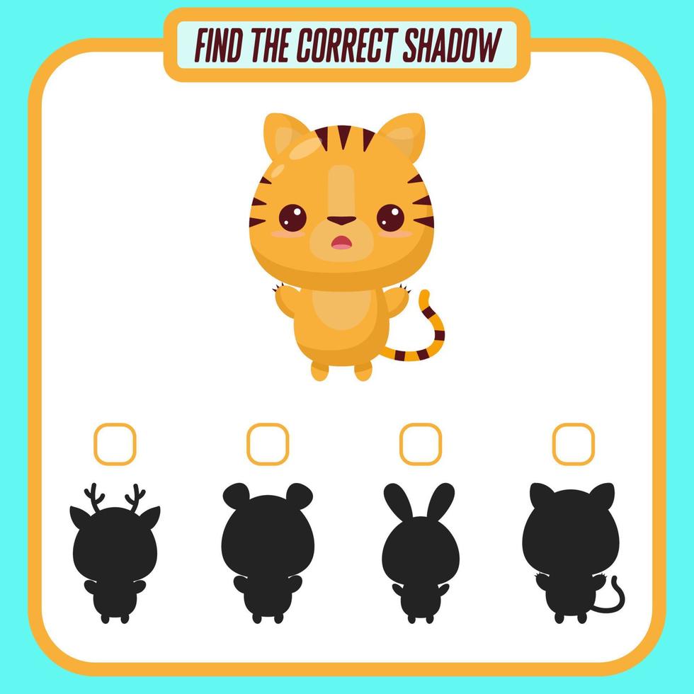 encontrar la sombra correcta. lindo tigre de dibujos animados. juego educativo con animales. Juegos de lógica para niños con respuesta. una tarjeta de entrenamiento con una tarea para niños en edad preescolar y jardín de infantes vector