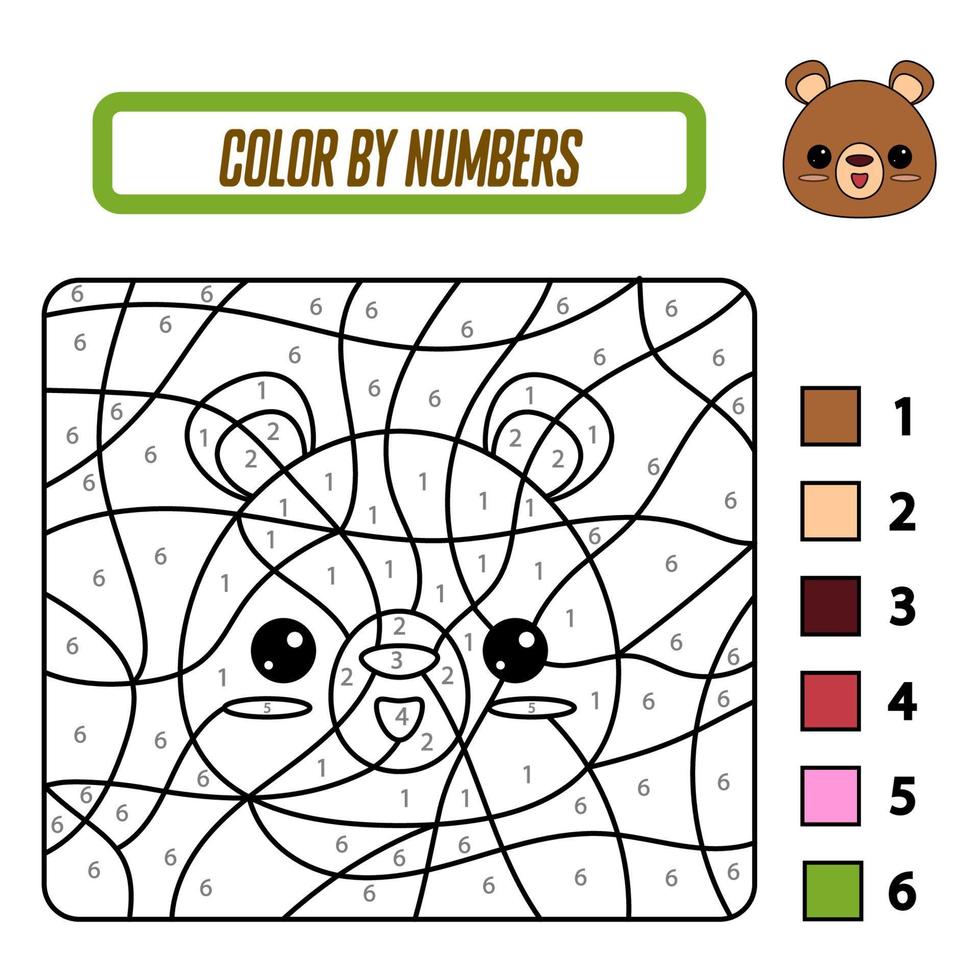 Educational coloring book by numbers for preschool children. Cute cartoon bear. Educational coloring book with animals. A training card with a task for preschool and kindergarten children. vector