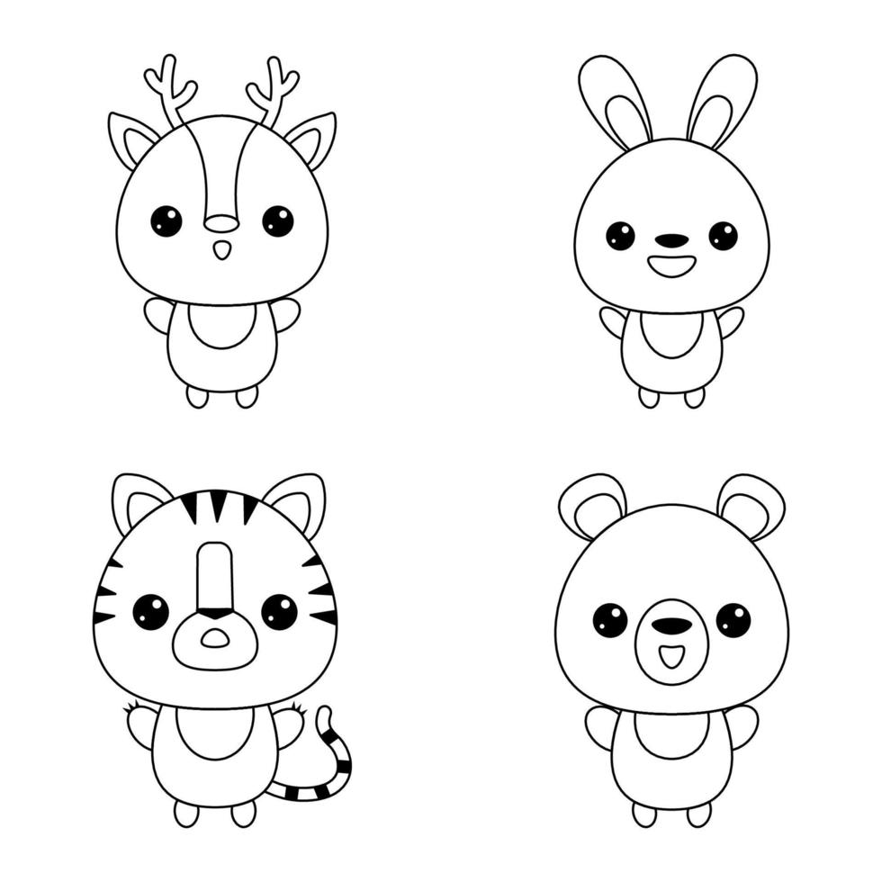 Set contoured cartoon animals in hand drawn style on white background ...