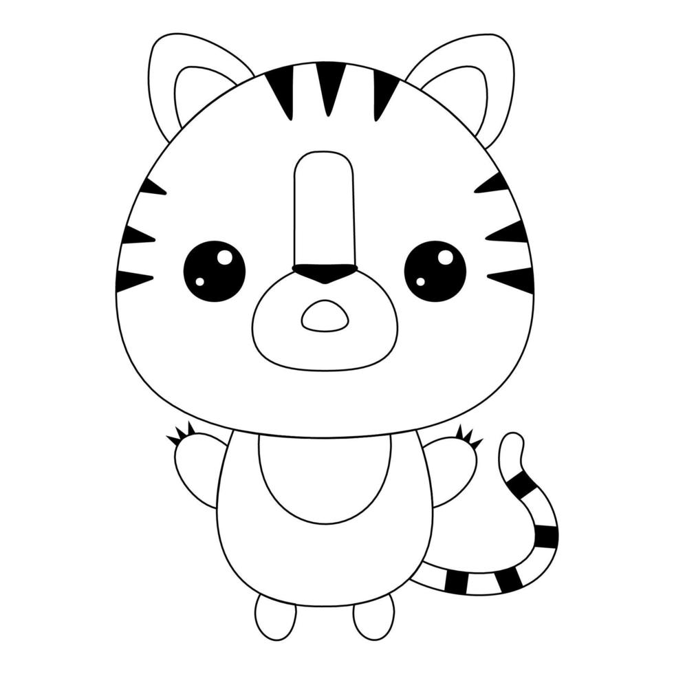 tigre de dibujo de contorno sobre fondo blanco. dibujo grabado. ilustración vectorial de dibujos animados. símbolo de signos vectoriales aislados. antecedentes educacionales. lindo símbolo.libro para colorear para niños vector