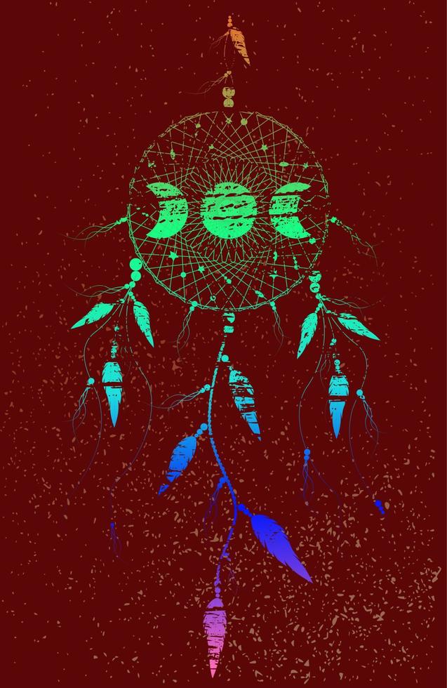 Psychedelic Dreamcatcher mandala ornament Moon Phases and bird feathers. Ancient Mystic symbol, Colorful Ethnic art with native American Indian boho design, vector isolated on red background