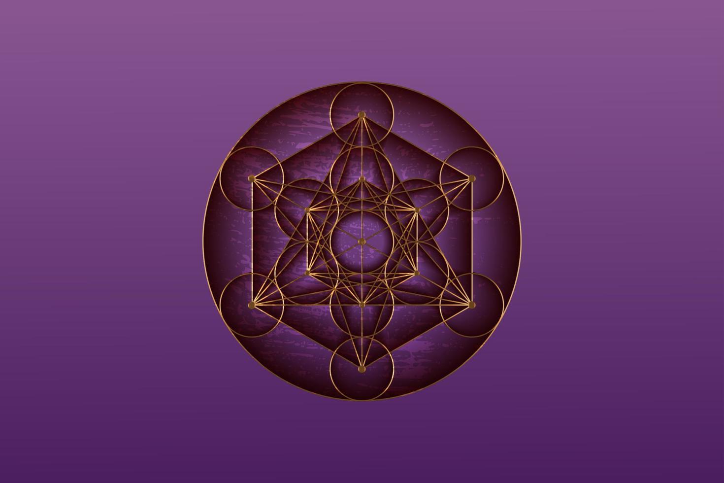 Metatrons Cube, Sacred Geometry, Flower of Life, gold luxury logo. Symbol of Harmony and Balance, golden Geometrical Ornament, vector isolated on purple background