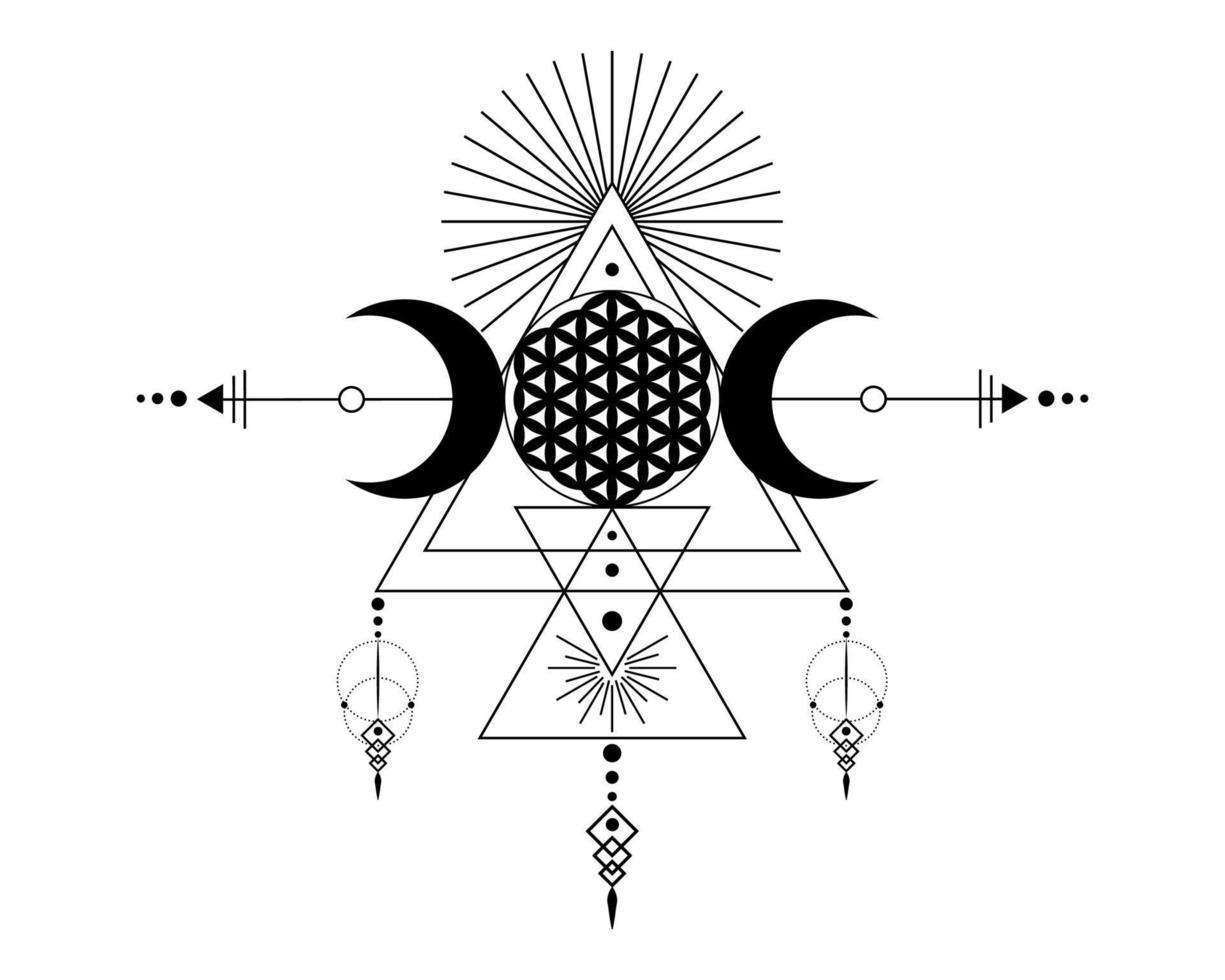 triple diosa y flor de la vida, geometría sagrada, triángulos tribales, fases lunares al estilo chamán boho. tatuaje, astrología, alquimia y símbolos mágicos. vector aislado sobre fondo blanco