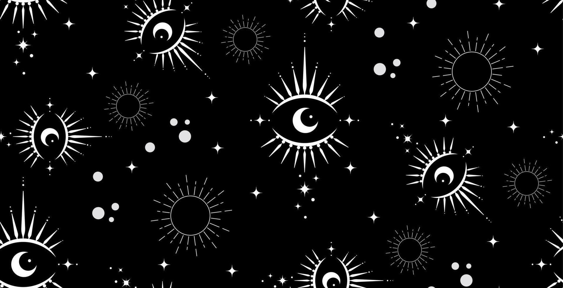 Seamless pattern Sacred eye, magic crescent moon and sun in boho style, white vector isolated on black background. Bohemian symbols, geometric design alchemy element