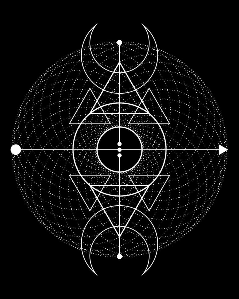 Luna triple mágica. símbolo de la deidad vikinga, geometría sagrada celta, tatuaje de logotipo blanco wiccan, triángulos esotéricos de alquimia. Ilustración de vector de objeto de ocultismo espiritual aislado sobre fondo negro