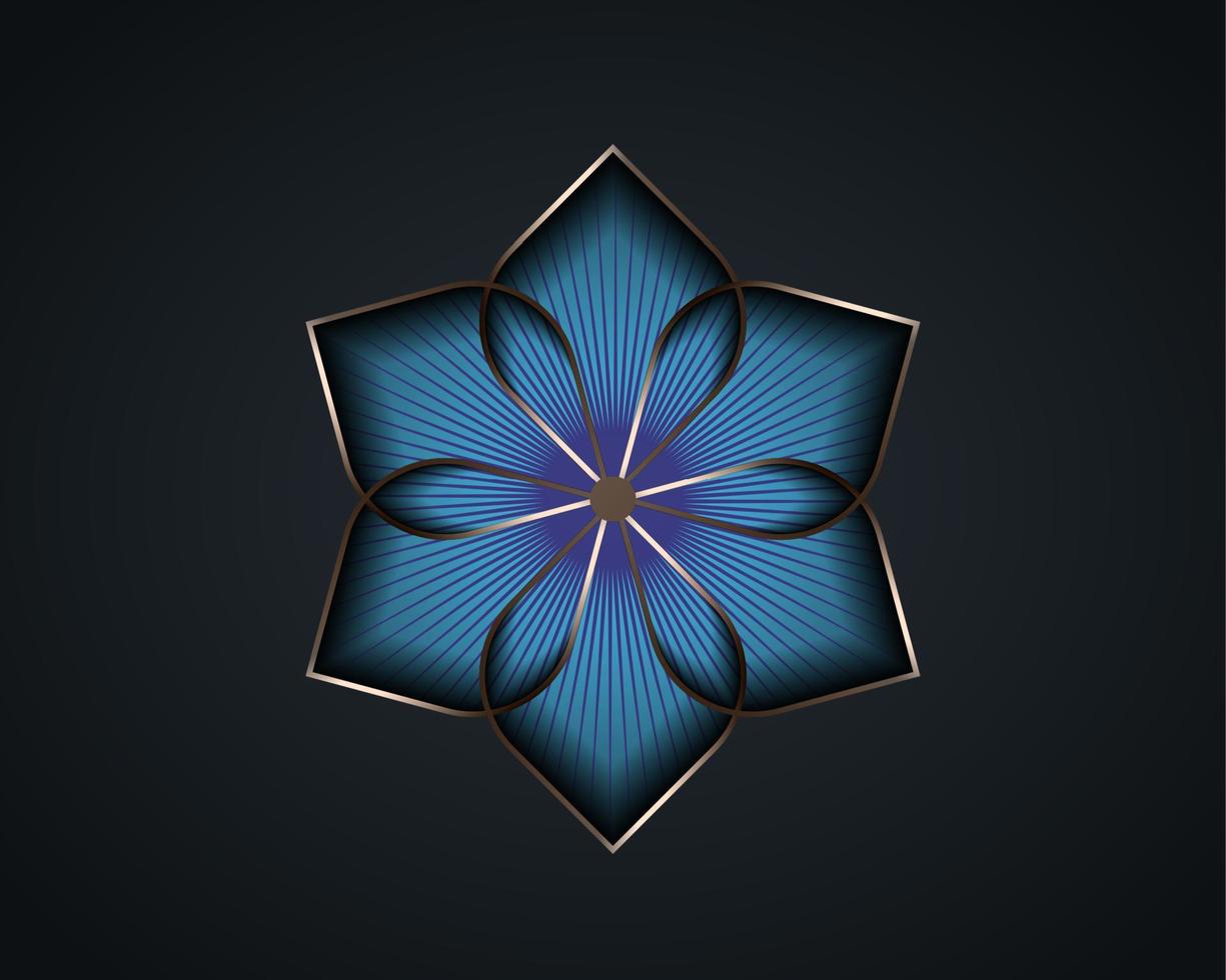 Silver lotus flower mandala, Seed of life symbol Sacred Geometry. Logo icon  Geometric mystic of alchemy esoteric blue Flower. Vector gold metal line art divine meditative amulet isolated on black