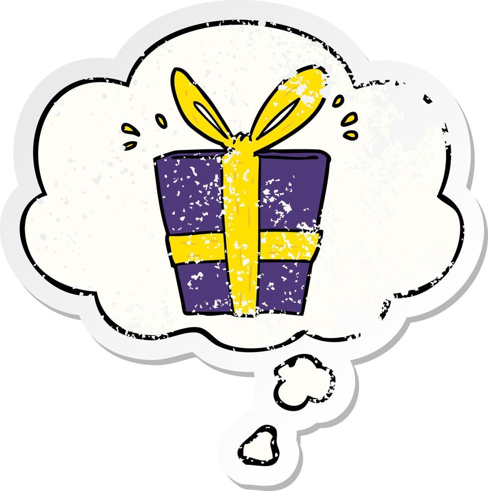 cartoon wrapped gift and thought bubble as a distressed worn sticker vector