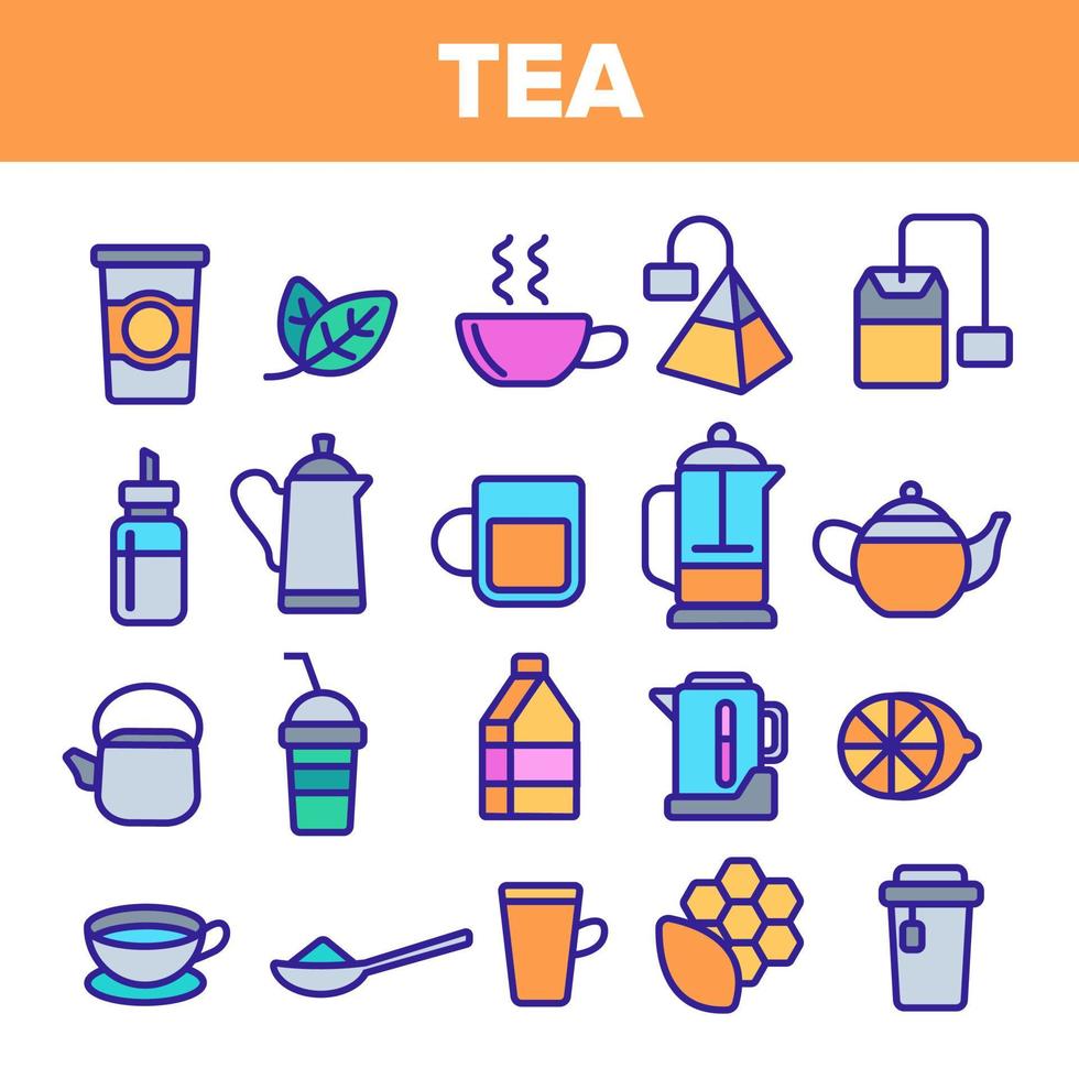 vector de conjunto de iconos de línea de té. diseño de etiquetas de restaurante. iconos de bebida de té. pictograma de taza tradicional. ilustración web de contorno delgado