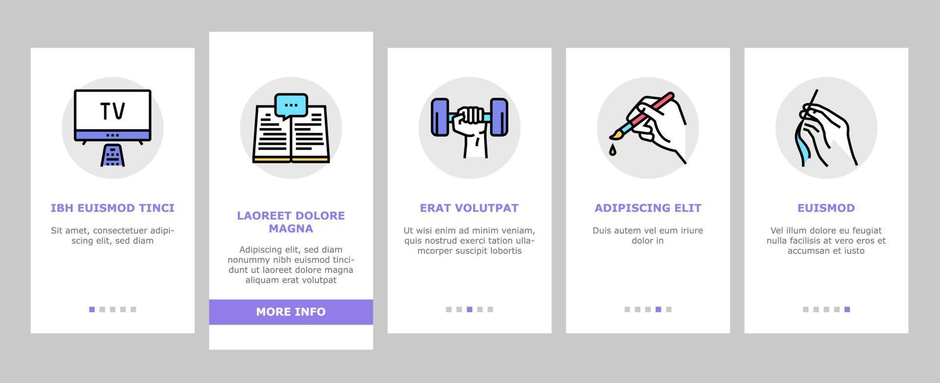 Hobby Leisure Time Onboarding Icons Set Vector