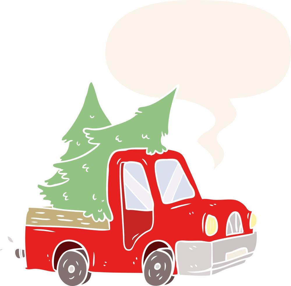 cartoon pickup truck carrying christmas trees and speech bubble in retro style vector