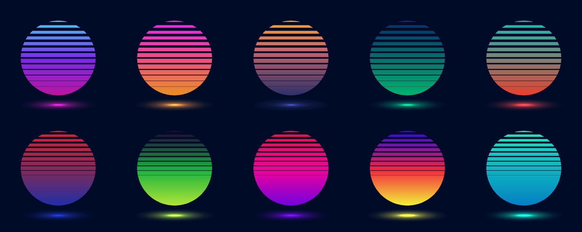 Set of badges abstract gradient colorful circles isolated on dark background retro 70s 80s style vector