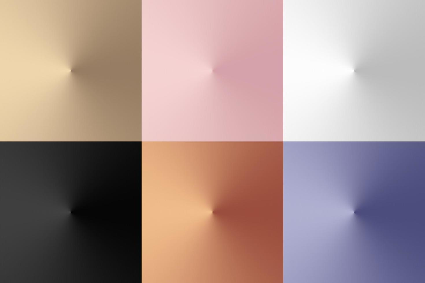 Set of 3D conical golden, pink gold, white, black, copper, purple color gradient radial background luxury style vector