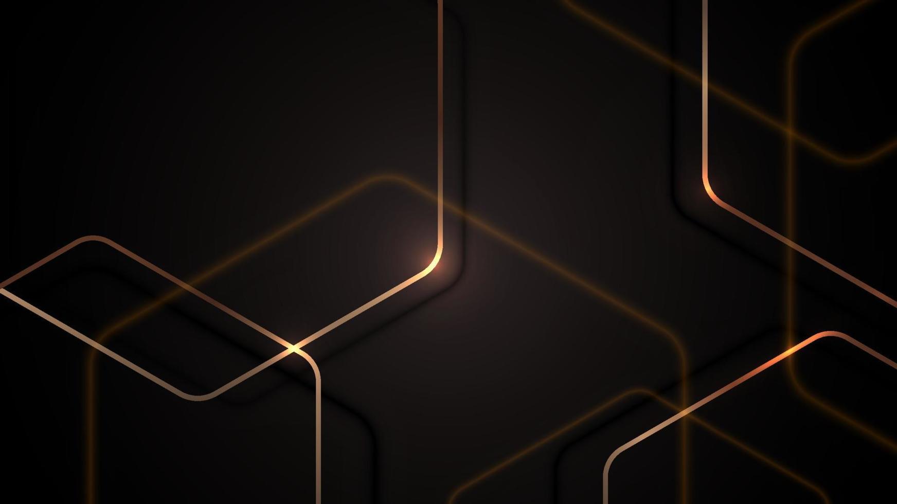 Abstract black premium background with golden geometric hexagones elements and lighting effect luxury style vector