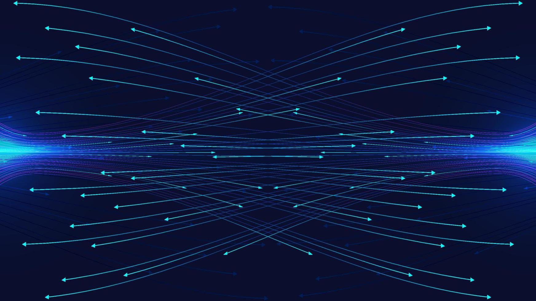 Las líneas de flechas de onda dinámica abstracta comunican la conexión sobre fondo azul oscuro vector