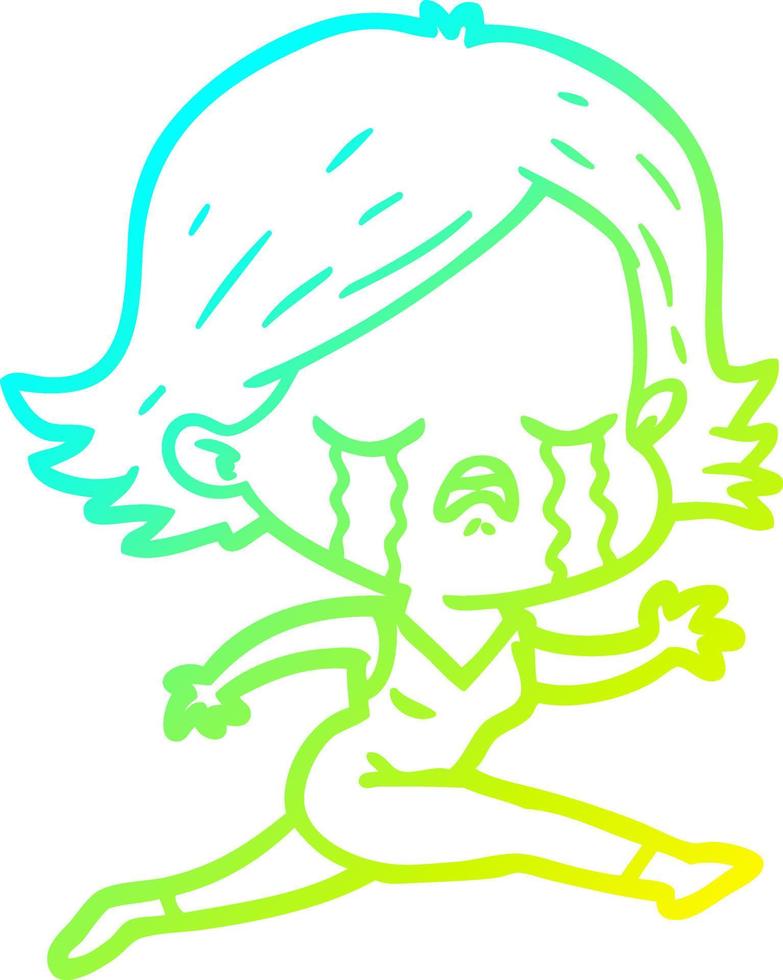 cold gradient line drawing cartoon girl crying whilst running vector