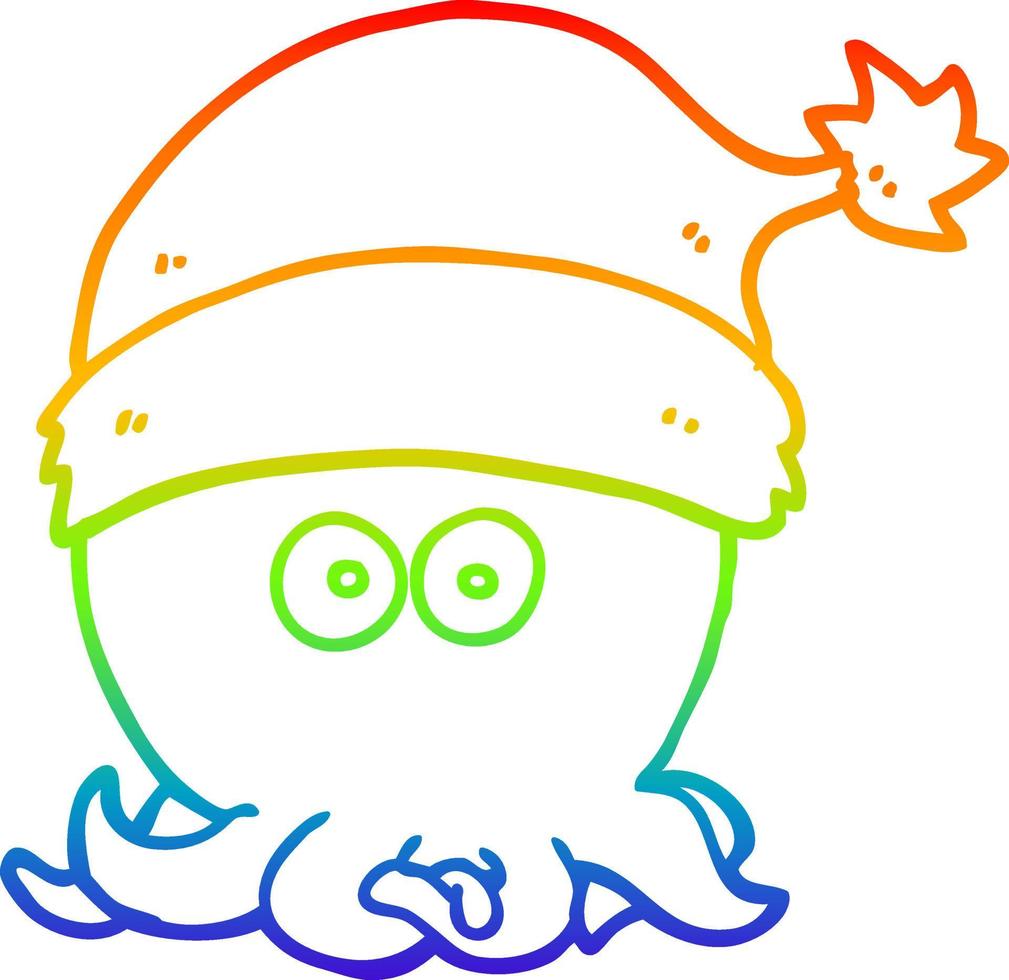 rainbow gradient line drawing cartoon octopus wearing christmas hat vector