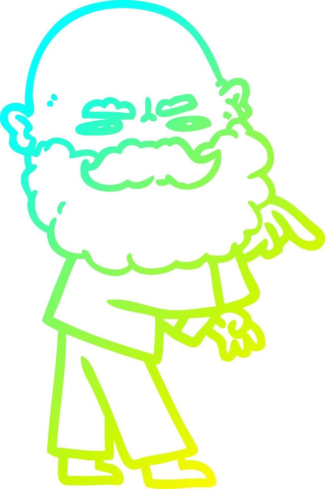 cold gradient line drawing cartoon man with beard frowning and pointing vector