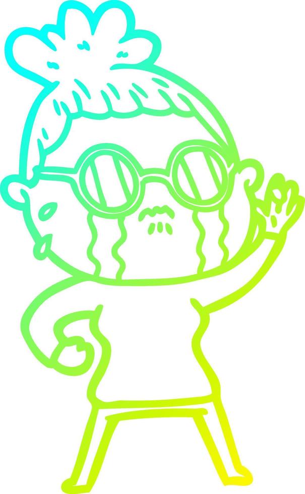 cold gradient line drawing cartoon crying woman wearing spectacles vector