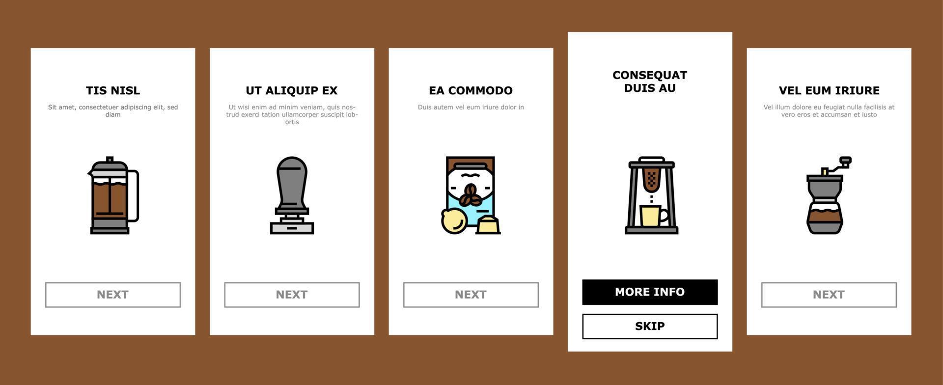 Coffee Make Machine And Accessory Onboarding Icons Set Vector